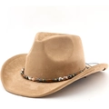 Chapeau de cowboy en daim kaki avec bandeau perlé bohème sur un fond blanc épuré - M(56-58cm) / Chameau