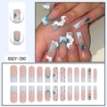 Long nude French press-on nails with white flowers and blue crystal rhinestones - SGCY-280 / Glue Type