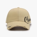 Beige cotton baseball cap with vintage frayed edges and black Cloud script embroidery - Adjustable / Khaki