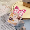 Square transparent nail art storage box 7.5x7.5cm with pink butterfly insert card - 7.5cm Box + Pink Butterfly Card