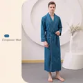 Men's turquoise blue waffle weave satin bathrobe with white contrast piping detail - XL / Male Style / Cyan Blue