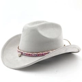 Detail of light grey felt cowboy hat with shell accent and ethnic woven band - M (56-58cm) / Light Gray
