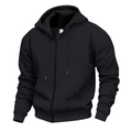 Detail view of M size label and fleece lining on black zip-up hoodie for men - S / Black