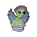 Cute green alien enamel pin with flower crown and wings featuring Too Cute text - XZ8672-Too Cute With Wings