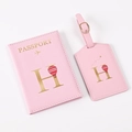 Pink PU leather travel set with passport holder and luggage tag featuring letter H design - Pink (Letter H)