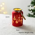 Red matte Christmas lantern with gold ball patterns and hemp rope handle, 12cm height - Candle Holders / Red