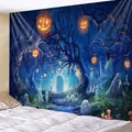 Bedroom setting with Halloween wall tapestry featuring glowing pumpkins and spooky trees - 90x60cm / Style B