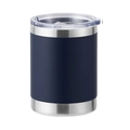 Detailed view of 12oz stainless steel travel mug with dark blue coating and clear lid - 10oz / Matte Navy Blue