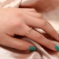 Minimalist gold-plated safety pin ring with micro-paved cubic zirconia on silk background - Gold Double Layer Pave Style