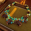 Vintage gold necklace with large brown gemstone and colorful crystals on green velvet - Teardrop Square Zirconia Rhinestone Exaggerated Style