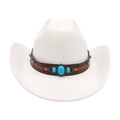 Chapeau de cowboy en feutre blanc avec ruban en cuir marron et pierre turquoise bleue - Taille unique / Blanc