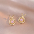 Micro zircon flower stud earrings with pink gemstone and gold plating for women - Pink Floral Sweet Style (E0575)