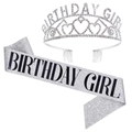 Detailed view of silver Birthday Girl rhinestone crown and glitter sash party favor set - Full Silver Set