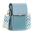 Mini crossbody phone bag for women in blue with gold leaf clasp and geometric strap - Blue (Black Edge)