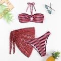 Bikini 3 pièces à rayures avec paréo en maille et accessoires tropicaux sur plat - S / Rose rouge