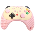 Detailed view of pink silicone baby teether shaped like a controller with textured surfaces - Remote Control Teether / Pink