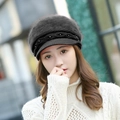 Women's black rabbit fur knit beret with pearl accents and plush top for winter warmth - One Size / Diamond Pearl Black