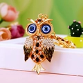 Golden owl keychain with sparkling rhinestones and blue eye details on metal ring - A430 Owl I Black