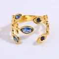 Gold open ring featuring an evil eye design with blue crystals and wheat leaf band - Blue Garland Style (JZ22-1)