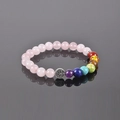 Pink rose quartz chakra bracelet with tree of life charm and seven colored beads - Rose Quartz Tree of Life 7 Chakra Bead Bracelet