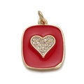 Golden square pendant with red enamel surface and a sparkling zircon heart centerpiece - CX150-06 Red Square - Rhinestone Heart