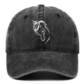 Vintage black washed cotton baseball cap with minimalist white horse head embroidery - Adjustable / Black