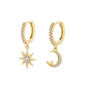 Detail of asymmetric gold plated star and moon hoop earrings with cubic zirconia - Gold Star Moon Dangle