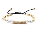 Adjustable woven bracelet with gold beads, pearls and colorful cubic zirconia pendant - Pearl and Zirconia Style / Gold