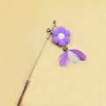 Purple sunflower cat teaser wand with natural feathers and metal bells on long stick - Purple Fairy Flower