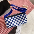 Blue and white checkerboard canvas Boston bag with adjustable wide shoulder strap - Blue