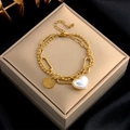 Double-layer gold chain bracelet with pearl heart and Love Dream engraved coin charm - Gold