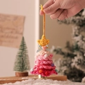Pink crochet Christmas tree pendant with yellow star, plush balls and a small gold bell - Christmas Tree Bell Pendant Model A (Gradient Pink)