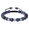 Macro detail of custom engraved stainless steel beads on blue sodalite woven bracelet - Blue Sodalite - 1 Name