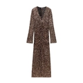 Elegante jurk met bronzen pailletten, lange mouwen, schoudervullingen en een V-hals - S / Champagnegoud
