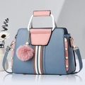 Fashionable contrast color tote bag in dusty blue and pink with metal handle and pearl studs - Blue