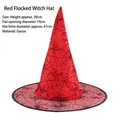 Red flocked Halloween witch hat with black spider web patterns and gauze material - Flocked Witch Hat Red