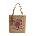 Borsa tote in paglia con ricamo a drago e ciondolo con nappa arancione su fondo bianco - Cachi