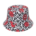 Fashionable bucket hat with black leopard and red lip print design on white cotton - 58cm / White