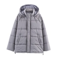 Women's loose grey hooded puffer jacket with quilted design and drawstring hem - XS / Gray