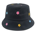 Détails de broderies florales colorées sur le tissu noir du chapeau bob en coton - M (56-58cm) / Noir