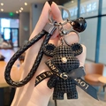 Matte black resin bear keychain with leather braided rope and silk ribbon accessory - Knit Bear-Black