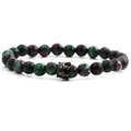 Detail of 8mm faceted green and purple stone beads with a black crown charm - Red and Green Faceted Stone