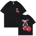 T-shirt unisex in cotone nero con stampa di ciliegie e fiocco rosa fronte e retro - S / Nero