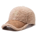 Khaki lamb wool baseball cap with embroidered letter R and rhinestone peak detail - Deep Beige