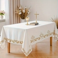 White rectangular tablecloth with gold religious embroidery of cross and chalice - Zb695-24