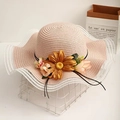 Detailed view of pink straw sun hat with sunflower accents and white lace brim edges - L (58-60cm) / Pink