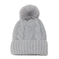 Winter thermal grey knit beanie for women with cable pattern and large fluffy fur pompom - M(56-58cm) / Gray