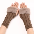Women's cable knit fingerless gloves in dark brown with faux fur trim for autumn winter - One Size / Khaki
