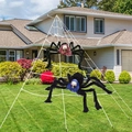 Halloween giant white spider web with two large plush spiders for yard decoration - 5m White Triangular Web + Blue & Red Skull Spiders + 40G Cotton + 20 Little Spiders