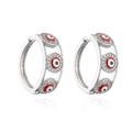Detailed view of silver hoop earrings featuring red and black zircon Evil Eye patterns - Silver Red White Black Triple Eye